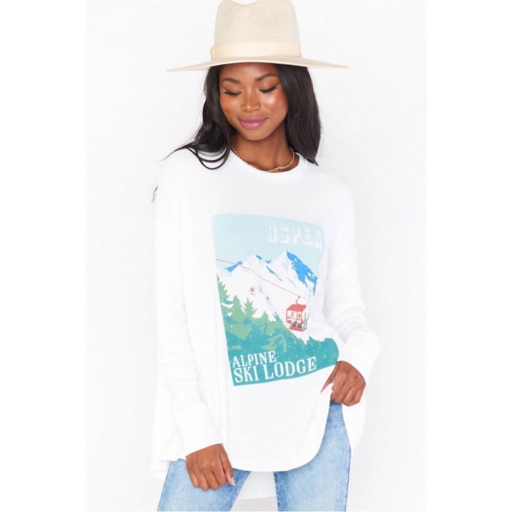 Show Me Your Mumu White Aspen Ski Lodge Graphic Bosco Ski Top Size Medium Winter